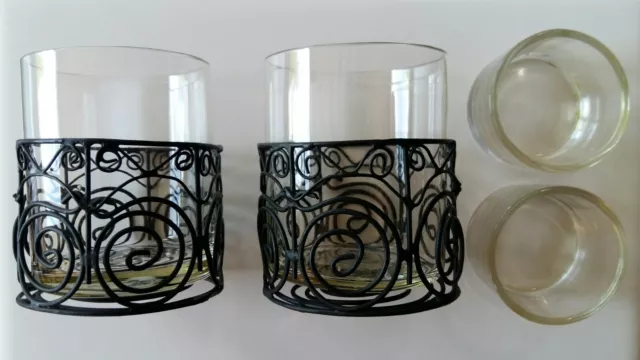2x Windlicht Kerzenhalter Glas Metall schwarz + 2 Einsätze für Teelichter/Votiv
