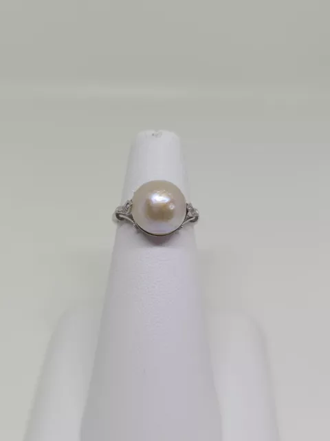 Vintage 14k White Gold 10 mm Pearl And Rose Cut Diamond Ring Size 4.5