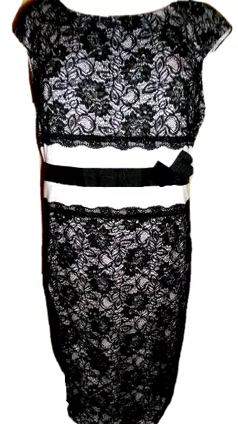 QUEENSPARK Signature lace DRESS size XL black&white stretch evening party 16 18