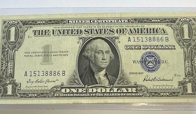 One Dollar Silver Certificate with Blue Seal Series 1957  in Protective Sleeve