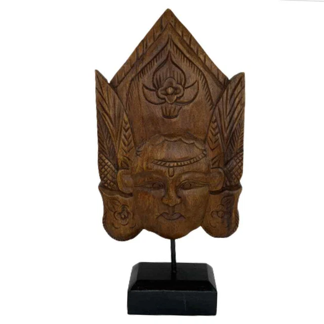 Vintage Wood Hand Carved Feather Flower Bust Head Mask Wood Base