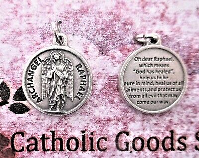 Saint St. Raphael the Archangel  - Silver Tone Round - Medal with Prayer.
