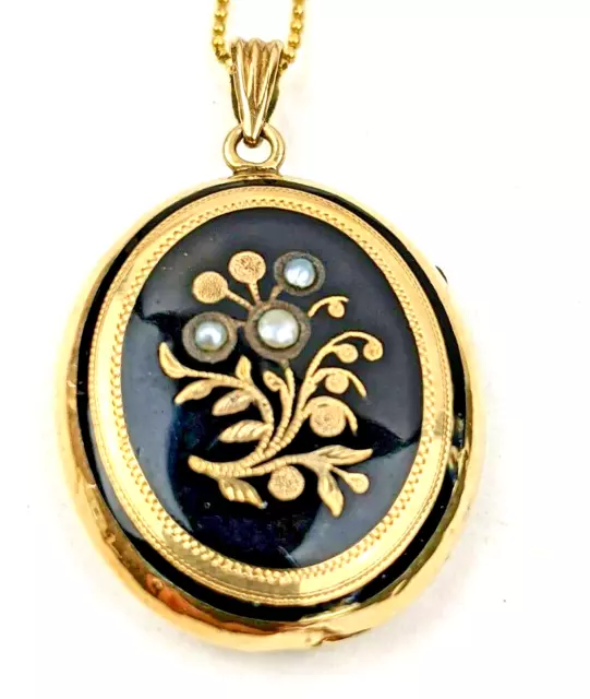 Antique 14K GOLD Pearls Black Enamel Mourning Photo Locket Original Photos 18" Antique 14K GOLD Pearls Black Enamel Mourning Photo Locket Original Photos 18"
