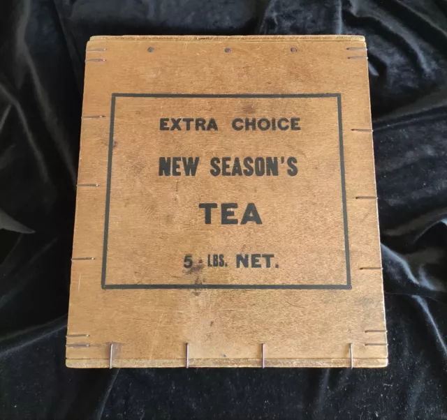 Antique 1920's Wooden 5 Lb Tea Chest Lined "Extra Choice New Seasons Tea" 19cms