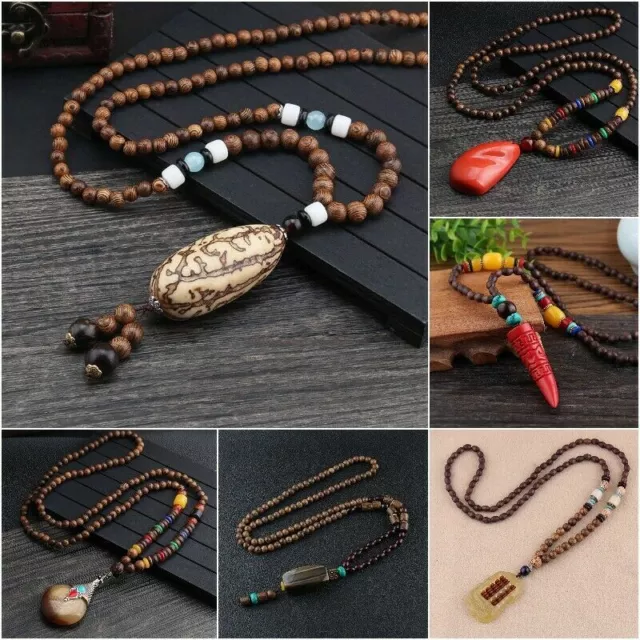 Fashion Wooden Beaded Pendant Necklace Long Sweater Chain Boho Carved Jewelry