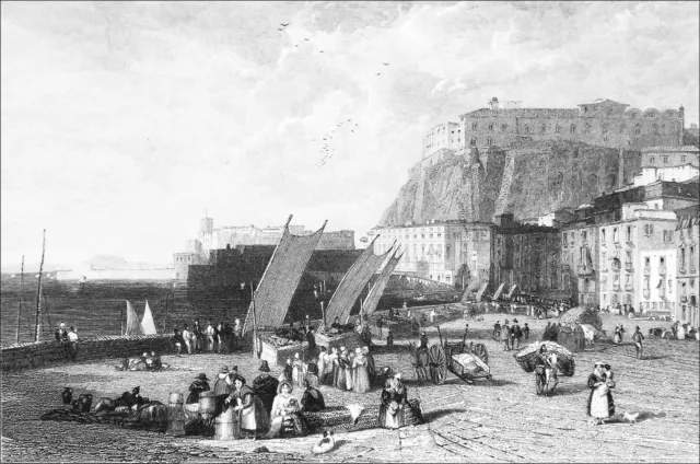 ITALIE - NAPLES : LE QUAI SAINTE-LUCIE - Gravure du 19eme siècle