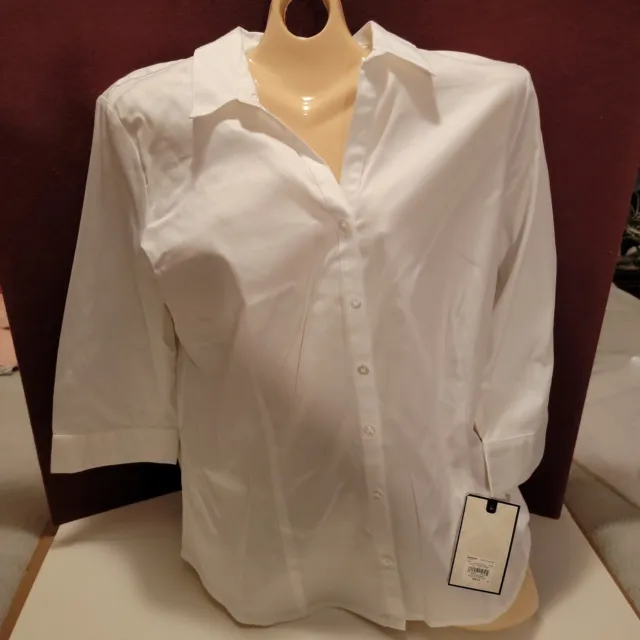 NWT Dana Buchman Womens Shirt XL White Sateen 3/4 Sleeve Cotton Blend Button Up