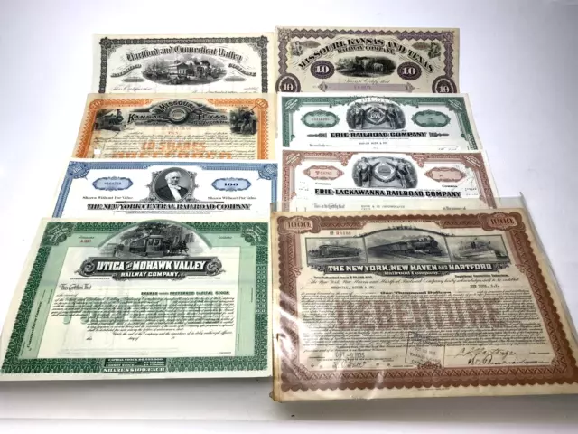 (8) Railroad Stock Certificates. Circulated and Uncirculated Mixed Lot (C)