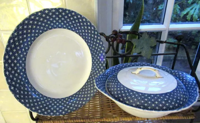 Vintage Royal Swan Staffordshire Blue & White Lidded Vegetable Dish And Plate.