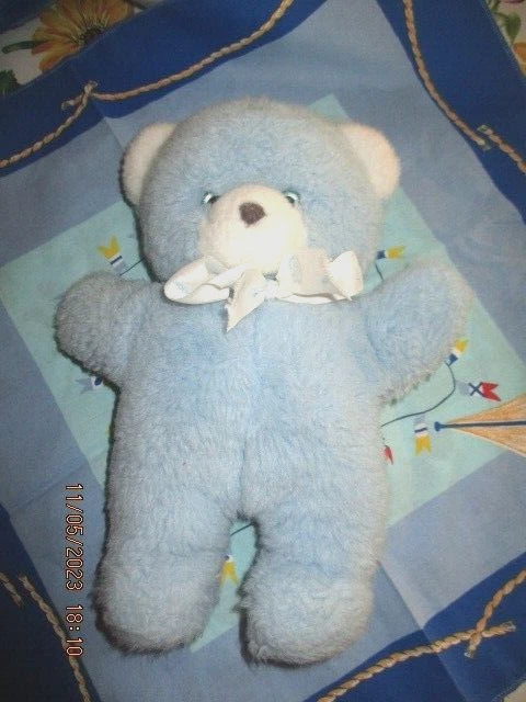 DOUDOU PELUCHE OURS BLEU BLANC NOUNOURS  BILLE GRELOT 27cm - TBE