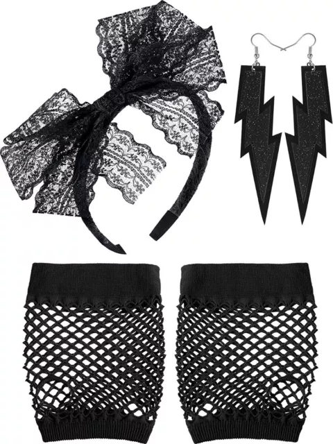 K776 1980s Pop Diva Fishnet Gloves Lightning Earrings Headband Dancing Costume 3