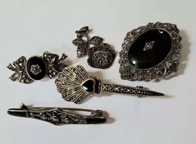 Vintage Assortment Sterling Silver Marcasite Black Enamel Brooches Pendant