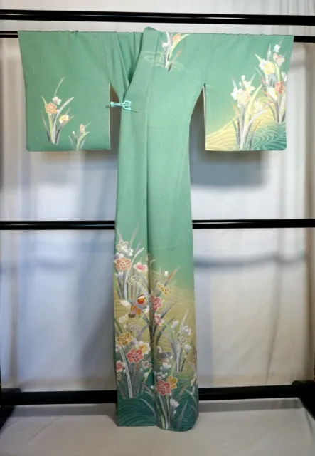 Japanese kimono  "HOUMONGI", Plants, Gold leaf, a Haze, Pale blue, L 5' 3"..3247