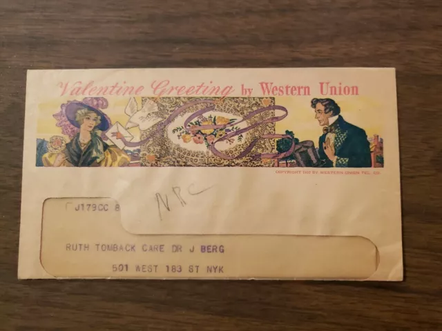 Vintage Western Union Valentine's Day Telegram & Envelope New York