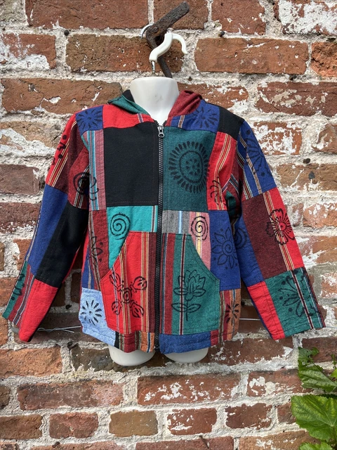 Felpa con cappuccio/giacca in cotone patchwork cappotto hippie/boho/festival 5-6 anni