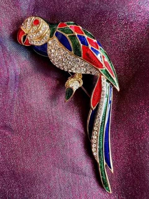 Vintage Huge multi coloured enamel & clear rhinestone parrot brooch -Birds Anima