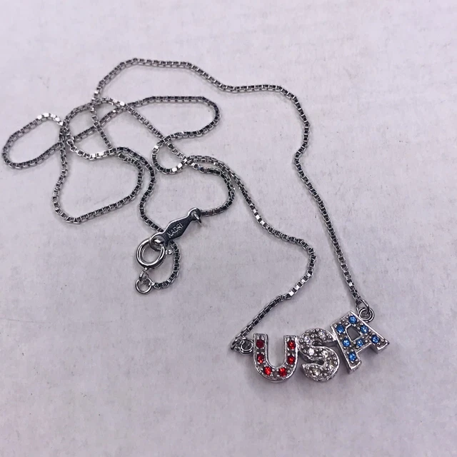 Nadri Necklace Silver Box Chain USA Red White Blue Rhinestone Charm 15"