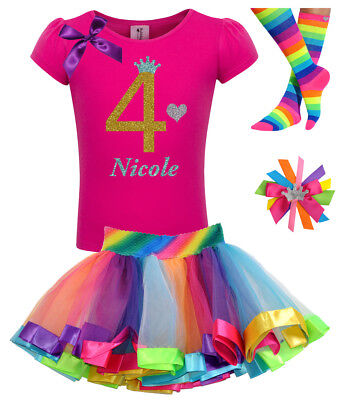 4th Birthday Girl Shirt Pink Gold Outfit Rainbow Tutu Set  Socks Hair Bow Name 4