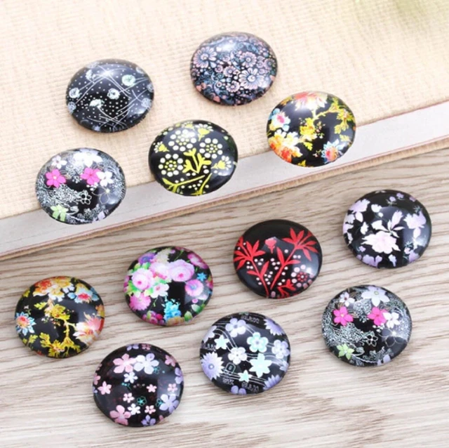10 Colourful Mix Flowers Cabochons Mixed Round Glass Cabochon Flat Back UK