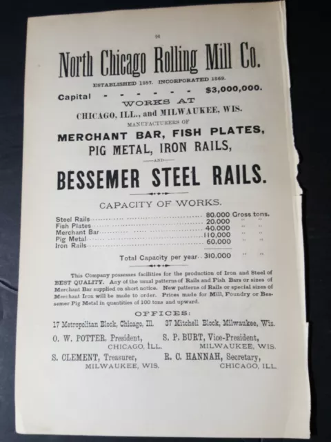 1879 original print ad NORTH CHICAGO ROLLING MILL COMPANY railroad iron rails