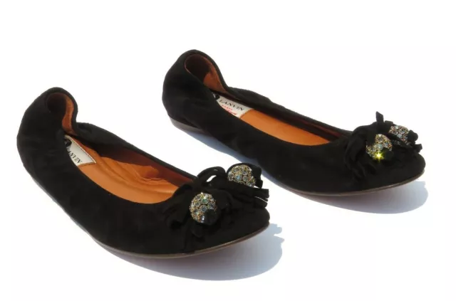 LANVIN Black Suede Jewel Embellished Tassel Stretch Collar Ballet Flats 38.5 EC 3