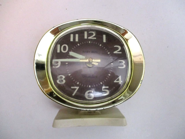 Westclox USA Baby Ben Alarm Wind Up Clock Black Face Gold Tone Rim Beige MCM Vtg