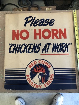 Red Comb Poultry Feeds Chicken Farm Feed Sign NO HORNS PLEASE Game Fowl Barn