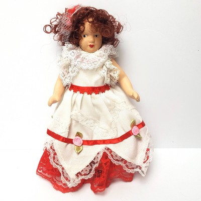 Full Porcelain Doll Brunette Girl Rose Dress with Stand 21cm