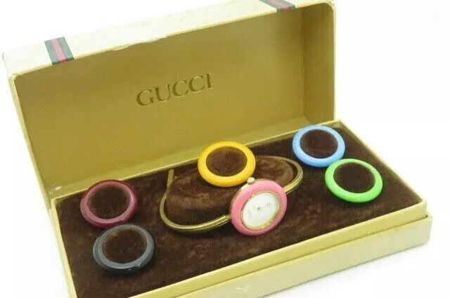 Gucci Change Bezel 1100-L Gold Plated QZ White Dial Change Bezel x6 with Box