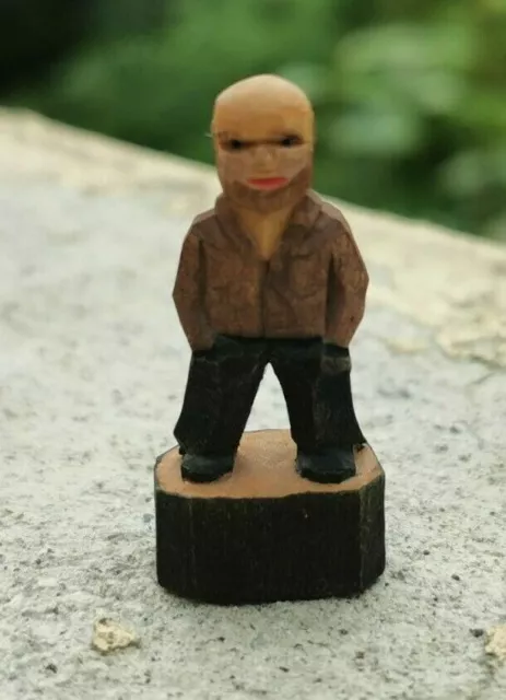 Vintage German? Miniature Tiny 1 3/8" Hand Carved Wood Man Figurine