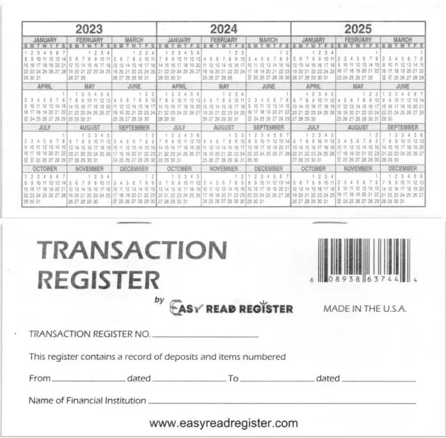 100 Checkbook Transaction Registers 2023-2024-2025 Calendars Easy Read Register