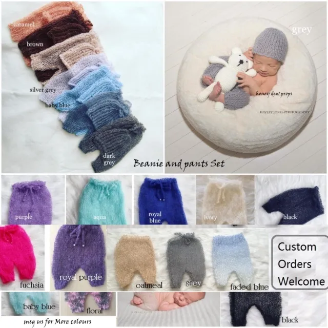 Newborn Hand Knit Mohair Pants & Beanie Hat SET for Baby Photo Prop Photography