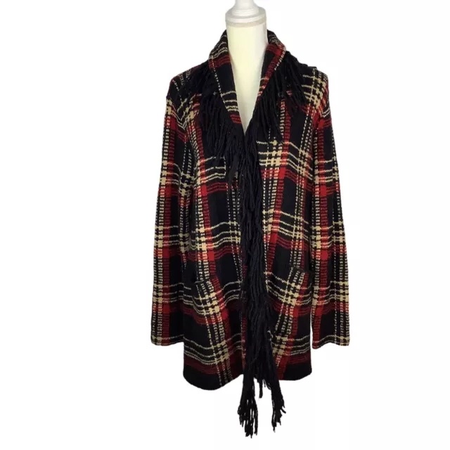 Ralph Lauren Black Red Plaid Long Fringe Cardigan Sweater Open Front Women's M