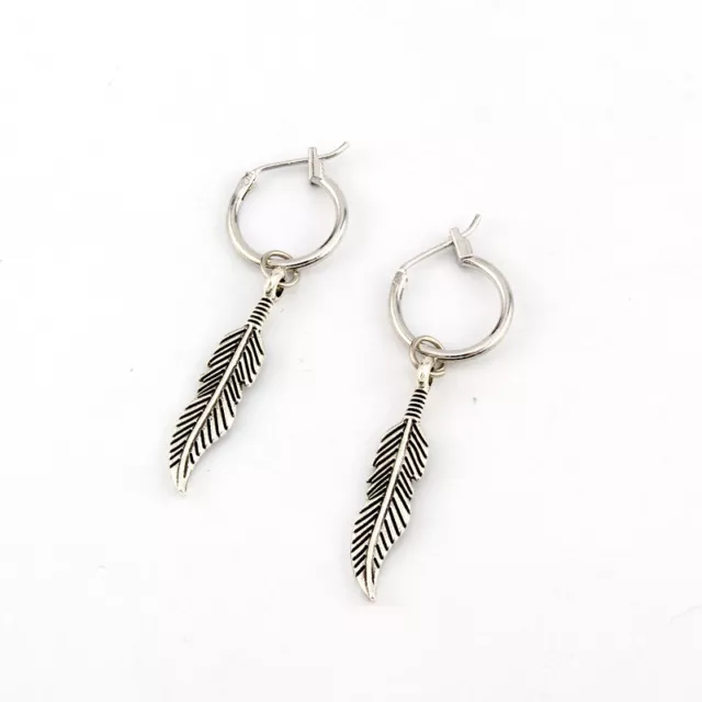 Punk Stainless Steel Feather Hoop Earrings Drop Dangle Women Charm Jewelry Gifts