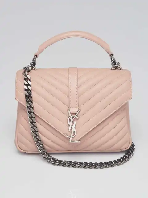 Yves Saint Laurent Light Pink Chevron Quilted Leather Monogram Medium College...