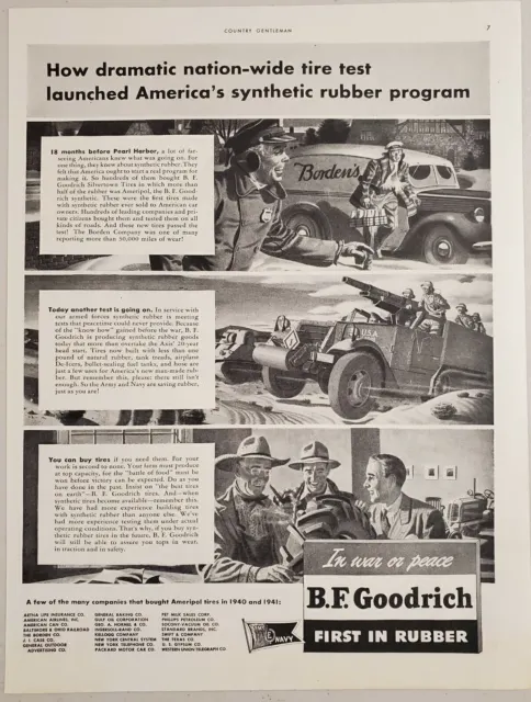 1943 Print Ad BF Goodrich Tires Borden's Milk Truck,Army Vehicle in Combat WW2