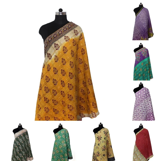 Lot D'écharpes Kantha Réversibles En Soie Recyclée Brodées Main - Vintage Indien - Unisexe