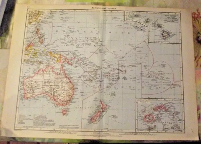 Old School Map Continent Oceania Australia Fiji Vintage Atlas 1957 IN German