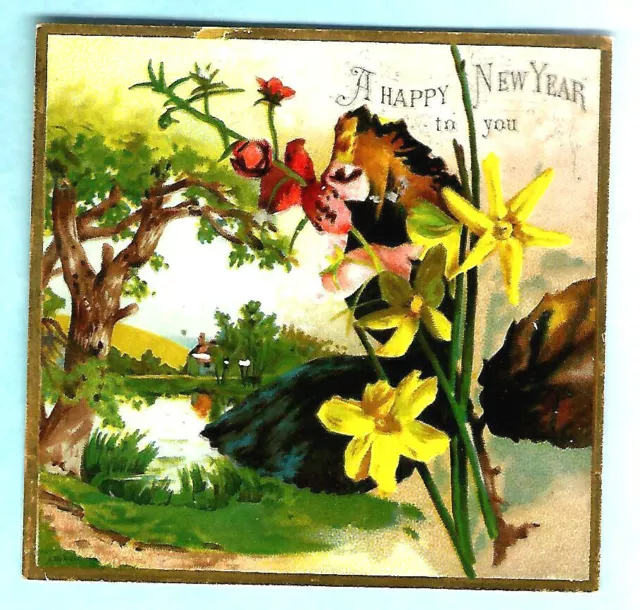 Antique Victorian Xmas Card Yellow Lilies Flowers Lake Trees Cottage Rural Scene