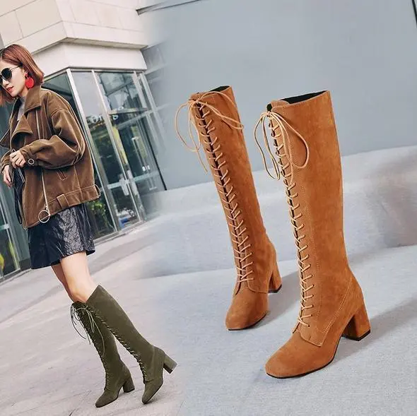 Women Suede Faux Leather Lace Up Block Heels Slim Leg Tall Shoes Mid Calf Boots