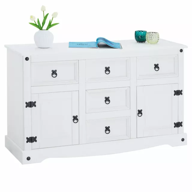 Buffet commode style mexicain avec 2 portes et 5 tiroirs en pin massif blanc