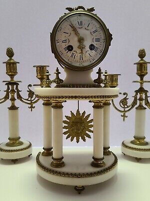 Antique Working 19th C. Mougin French Victorian 3 Pc Marble Candelabra Clock Set