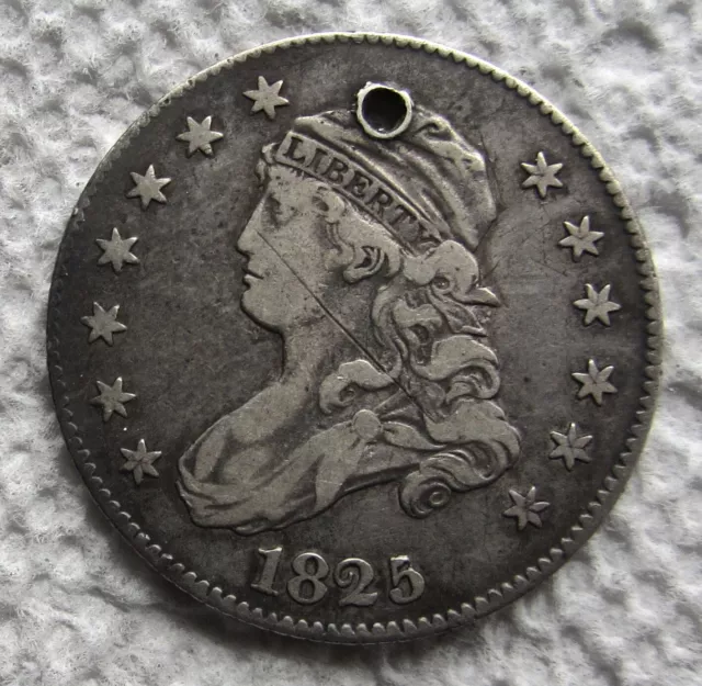 1825/4 25C Capped Bust Quarter Large Diameter Rare Key Date Variety VF  XF Holed