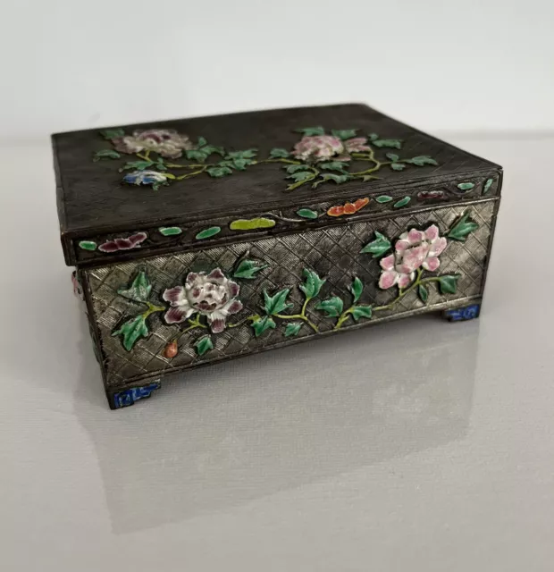 Chinese Cloisonne Trinket Box Enamel Flower Brass Hinged Footed Retro Vintage