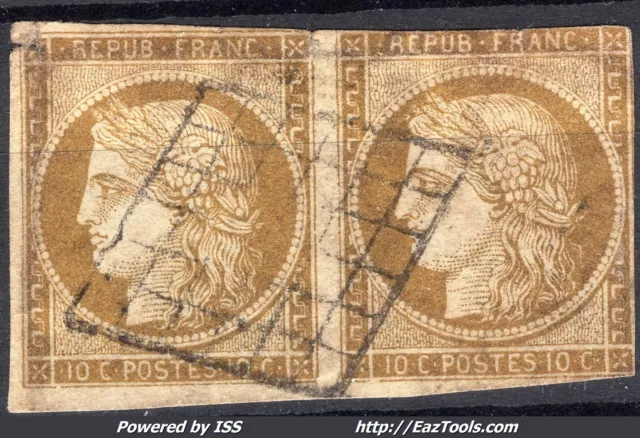 FRANCE TYPE CERES 10c BISTRE JAUNE PAIRE N° 1 AVEC OBLITERATION GRILLE A VOIR