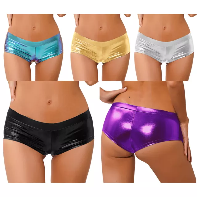 Women's Metallic Booty Shorts Wet Look Dance Rave Bottoms Low Waist Hot Pants