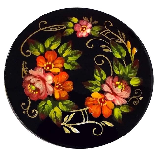 Broche Ronde Russe Peinte FEDOSKINO - Motif Fleurs Sur Métal - Cadeau Femme