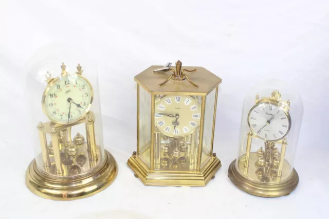 F x3 Vintage Torsion Mantel Clocks Inc. Glass Globes, Kundo etc