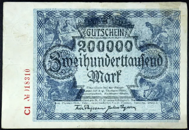 HAMBORN 1923 "August Thyssen-Hütte" 200,000 Mark Inflation Notgeld Germany
