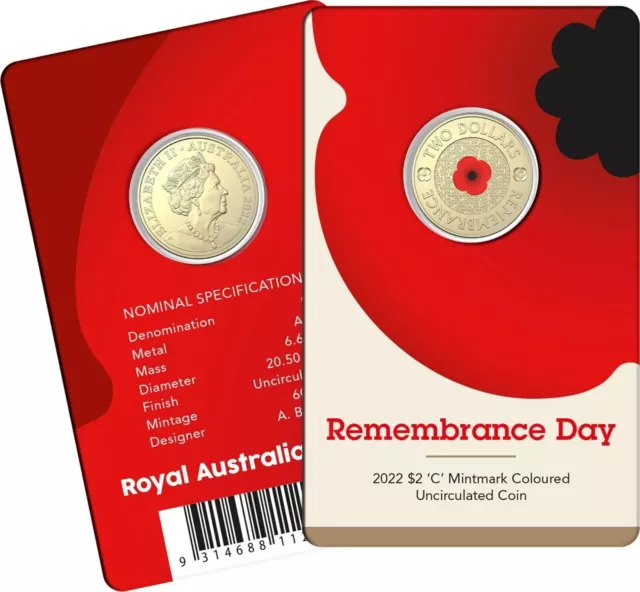 2022 $2 "C" Red Poppy Remembrance Coloured Unc Coin On Card Free Express Post